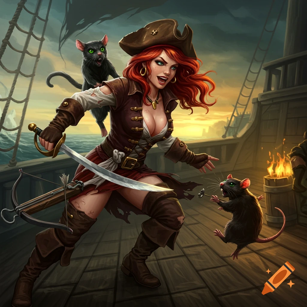 Redheaded pirate woman fighting a rat with a sword, with a cat on a ship deck.