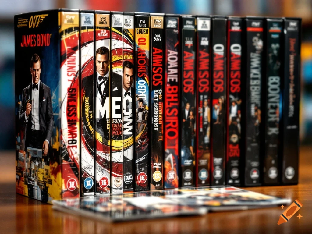A stack of James Bond DVD cases on a wooden table.