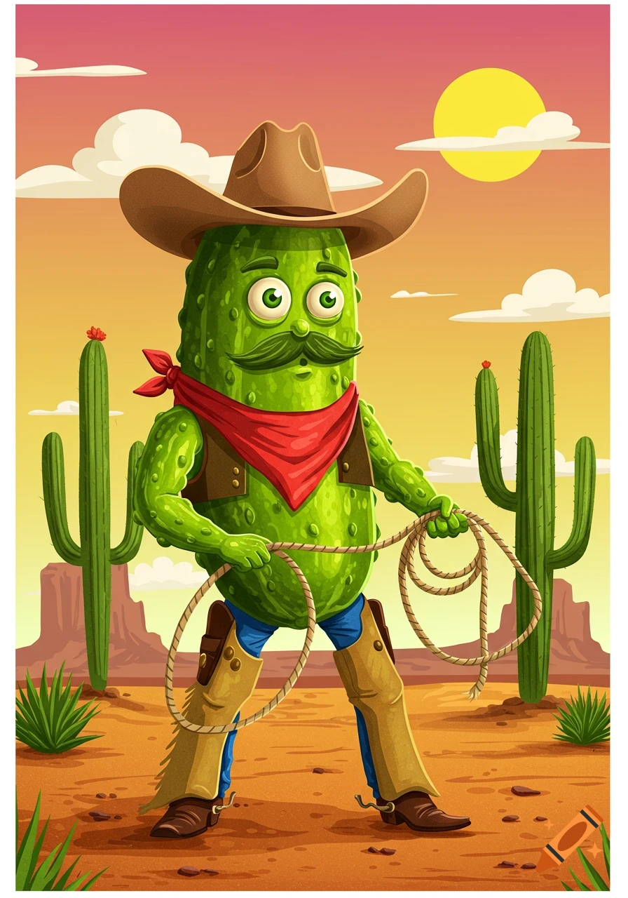 A cartoon dill pickle dressed as a cowboy holding a lasso in a desert.