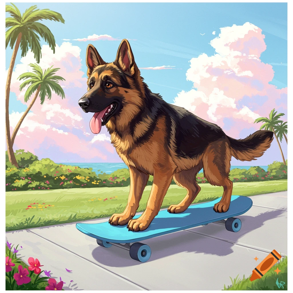 Illustration of a German Shepherd dog riding a skateboard on a sidewalk near palm trees.
