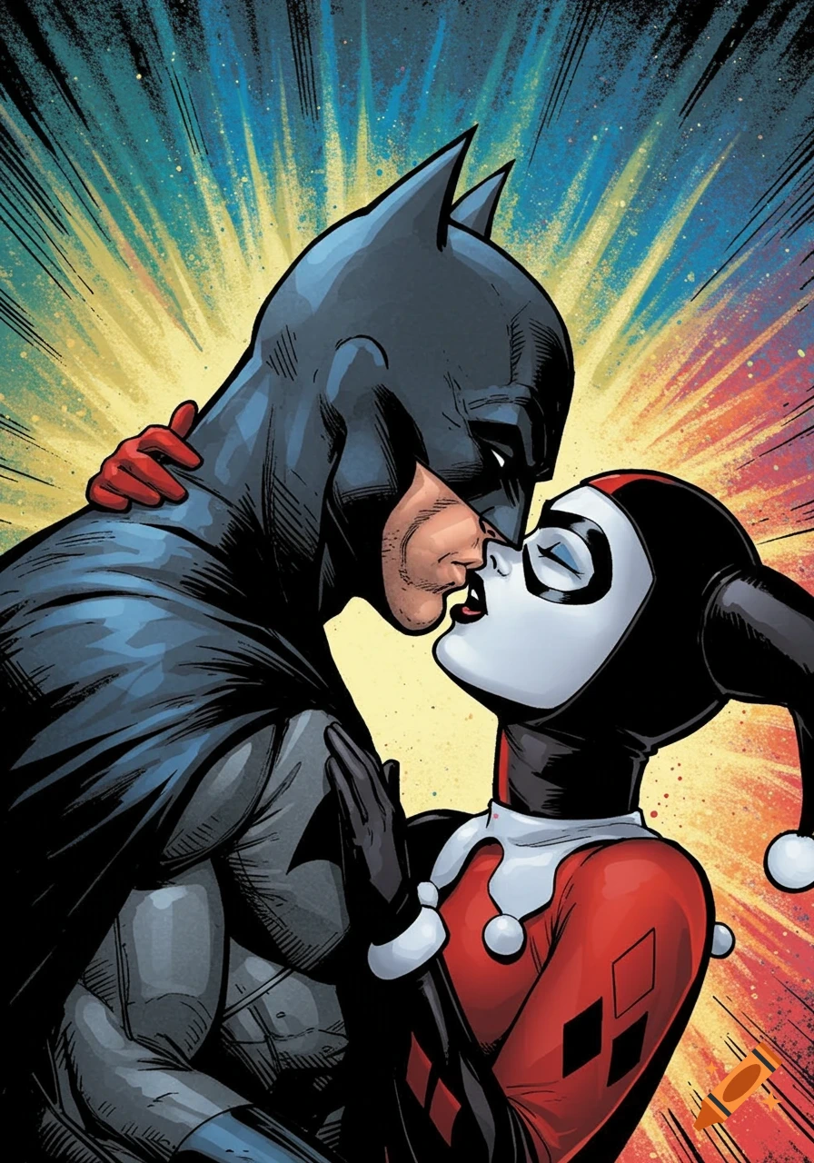 Batman and Harley Quinn share a kiss in a comic book art style.