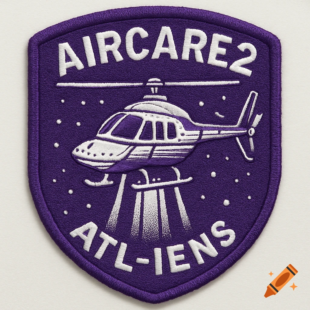Purple embroidered patch with white stitching showing a helicopter and text 'AIRCARE2' and 'ATL-IENS'.