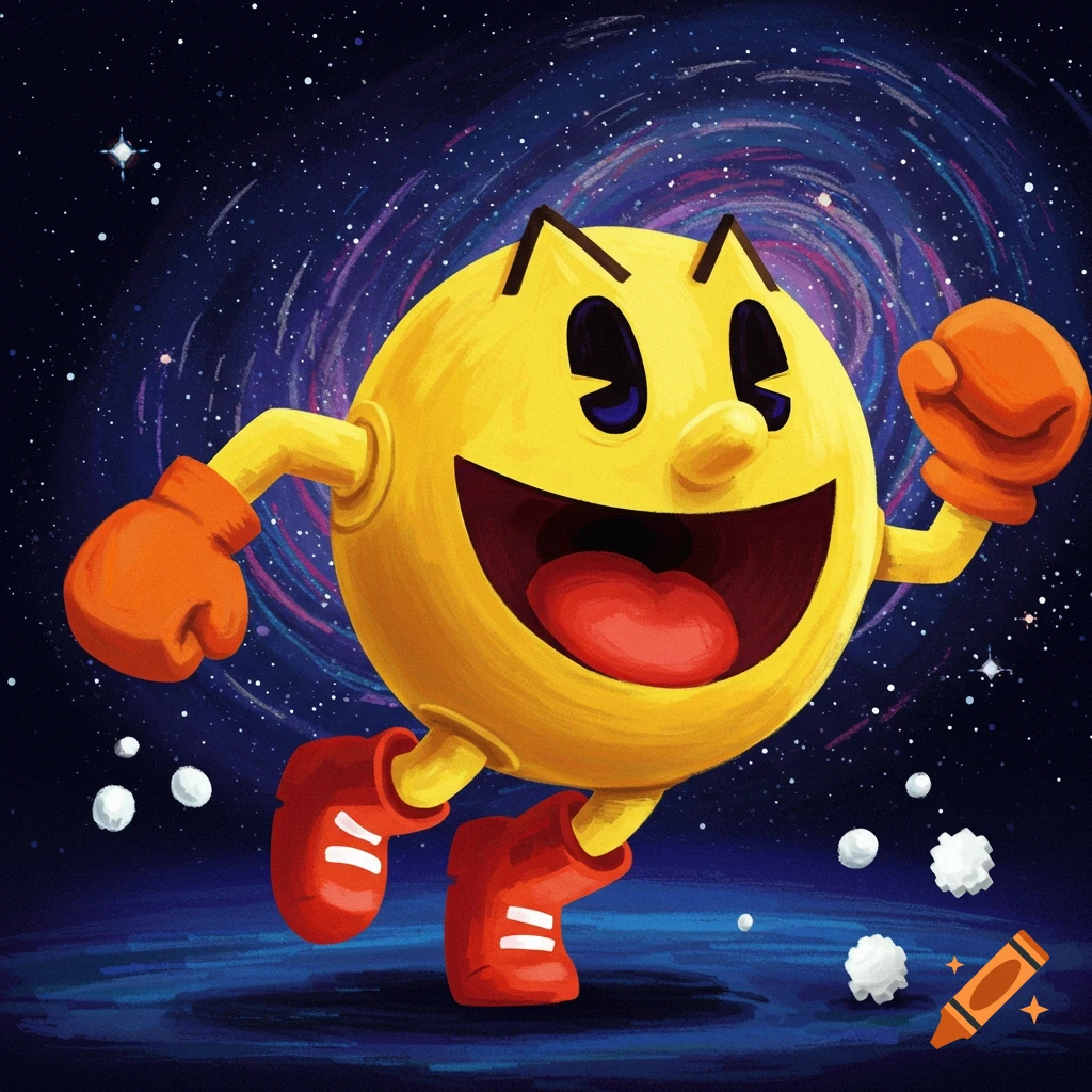 A stylized illustration of Pac-Man wearing red boots and orange boxing gloves, running through space.