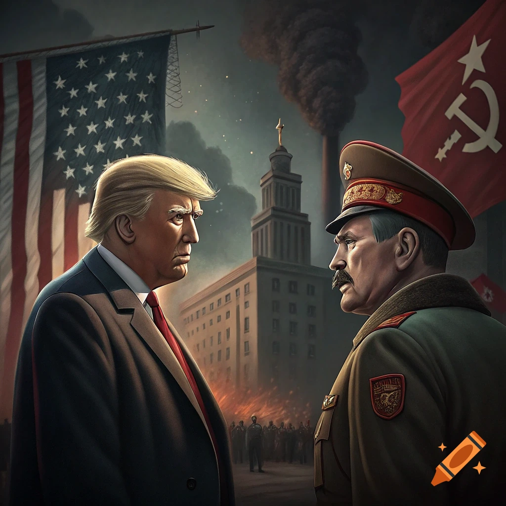 Donald Trump and a Soviet-style figure face off with US and Soviet flags behind them in a dramatic, painterly scene.