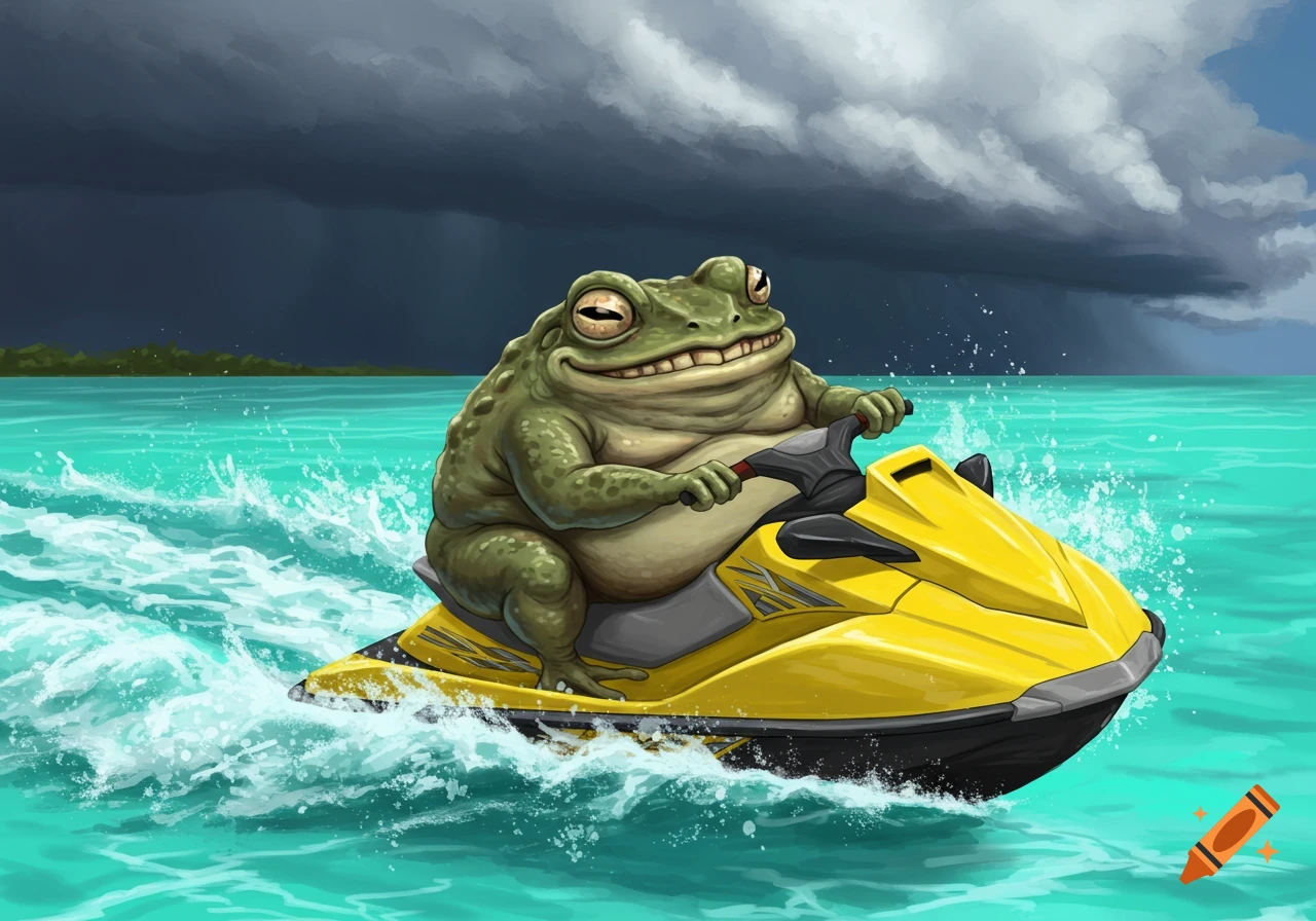 A cartoonish toad rides a yellow jet ski through choppy water under a stormy sky.
