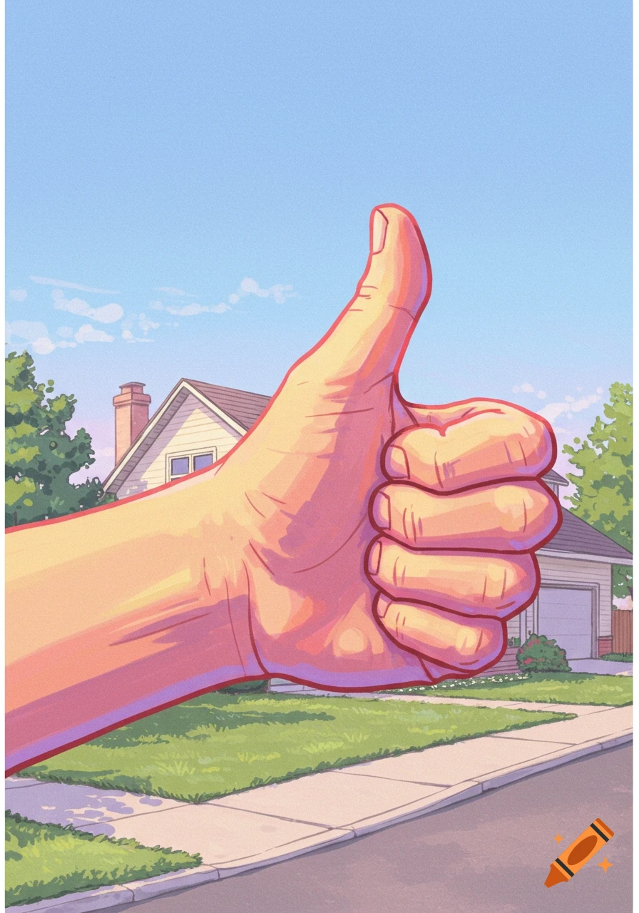 Large hand gives a thumbs up in front of a suburban house illustration.