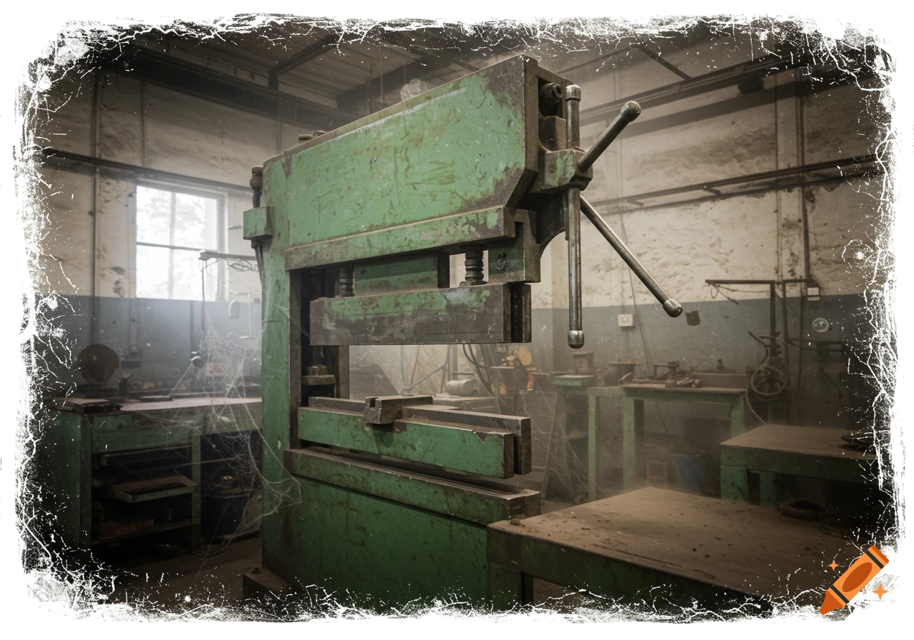 A large green metal brake press in a dusty, abandoned workshop with spider webs, grunge overlay, and a faded frame.