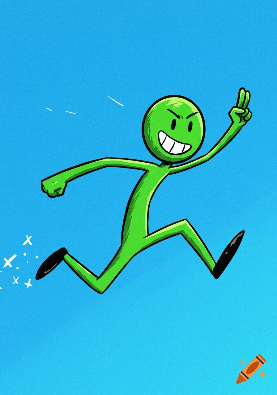 A green stickman cartoon character is running or jumping against a blue background.
