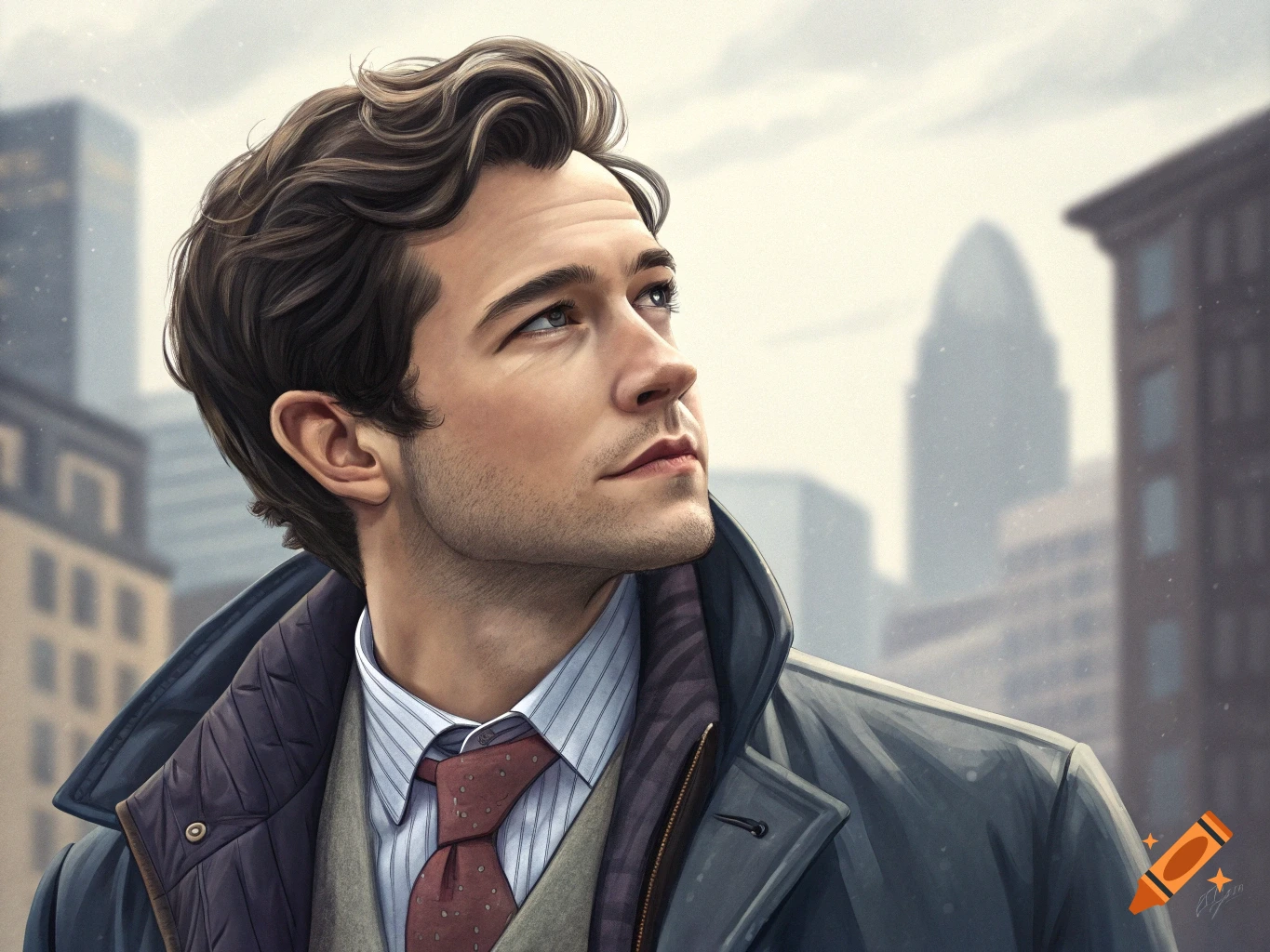 Illustrated portrait of a man in a coat and tie looking up, with city buildings in the background.