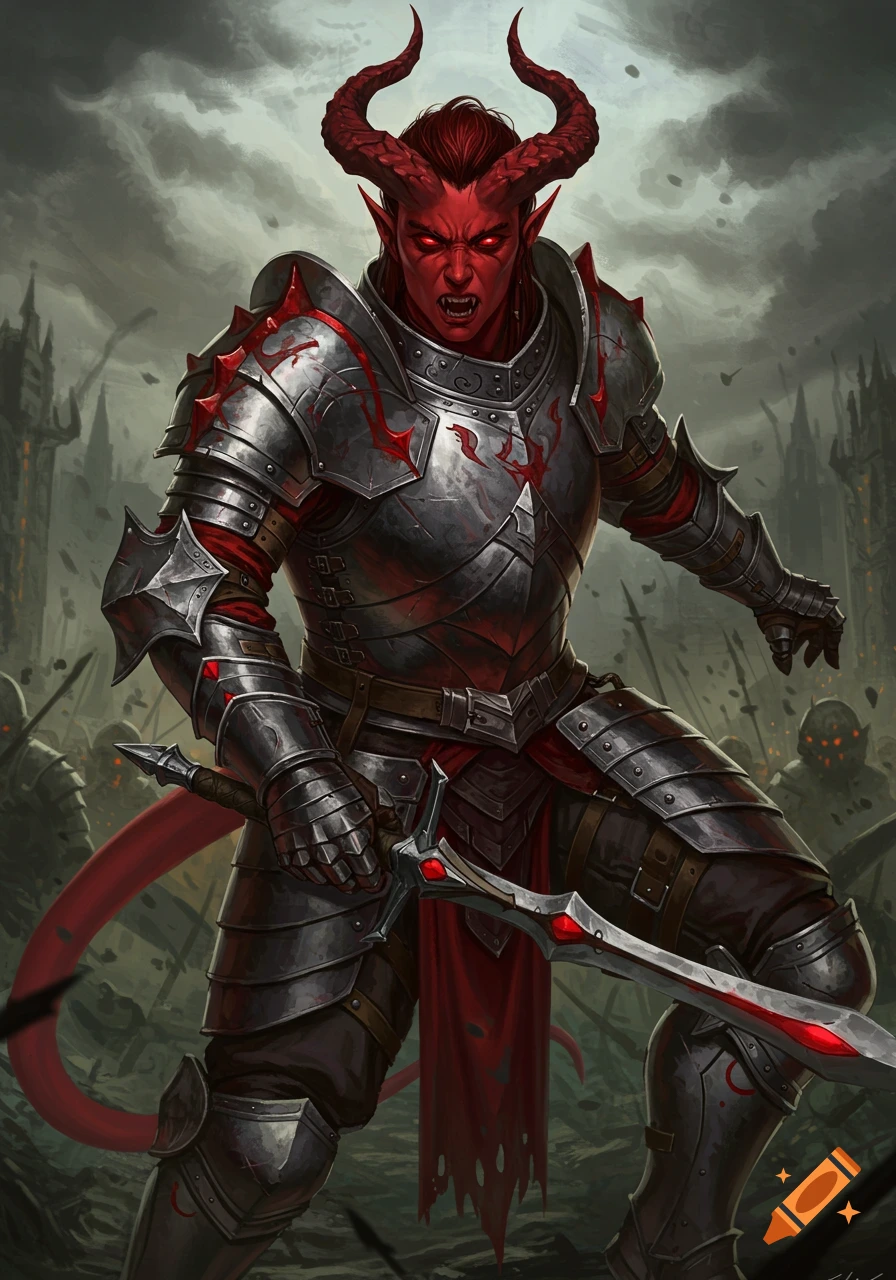 A red-skinned demon in full plate armor with a bloody sword on a dark fantasy battlefield.