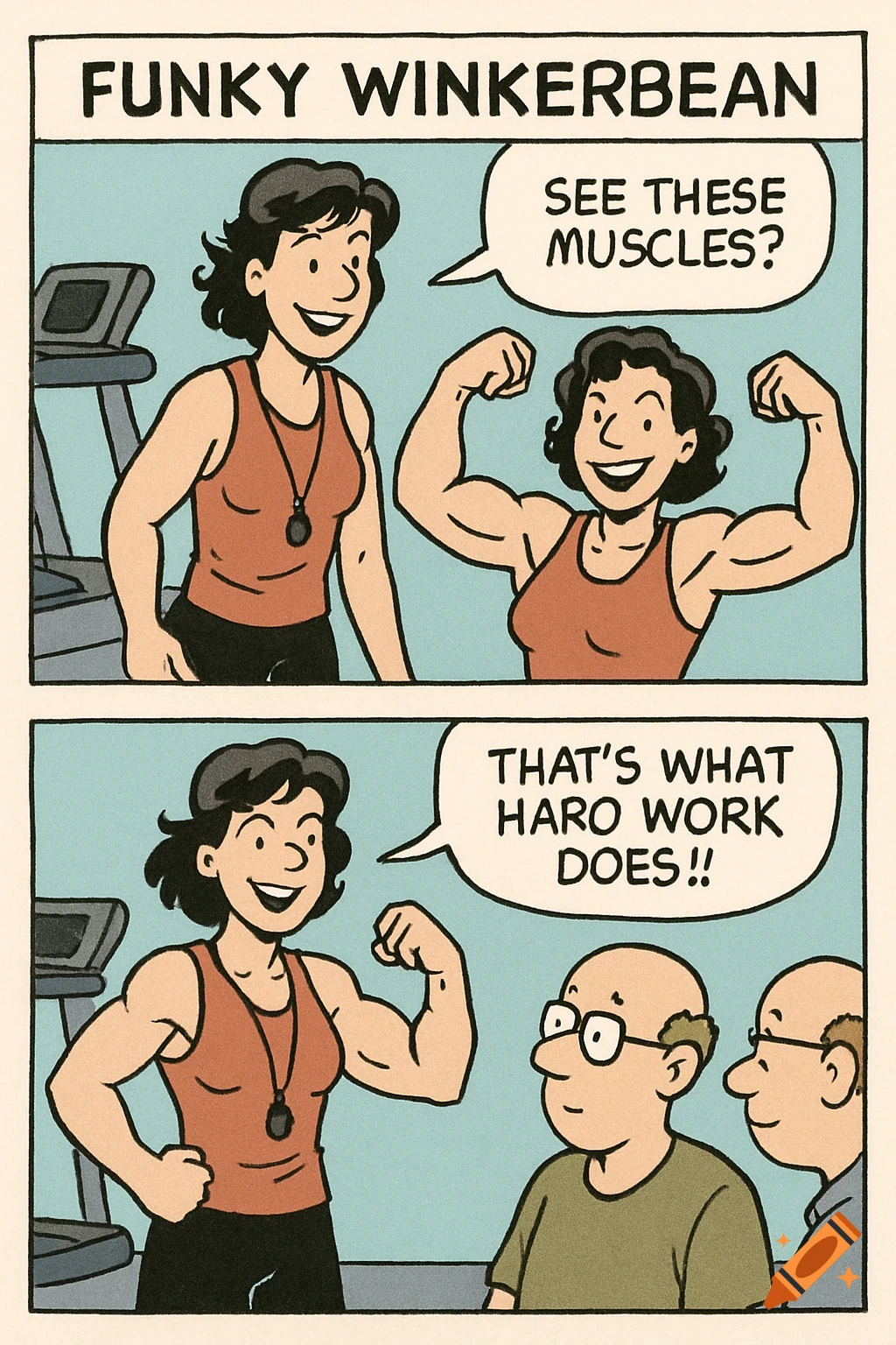 A woman gym trainer flexes her muscles in a comic strip panel.