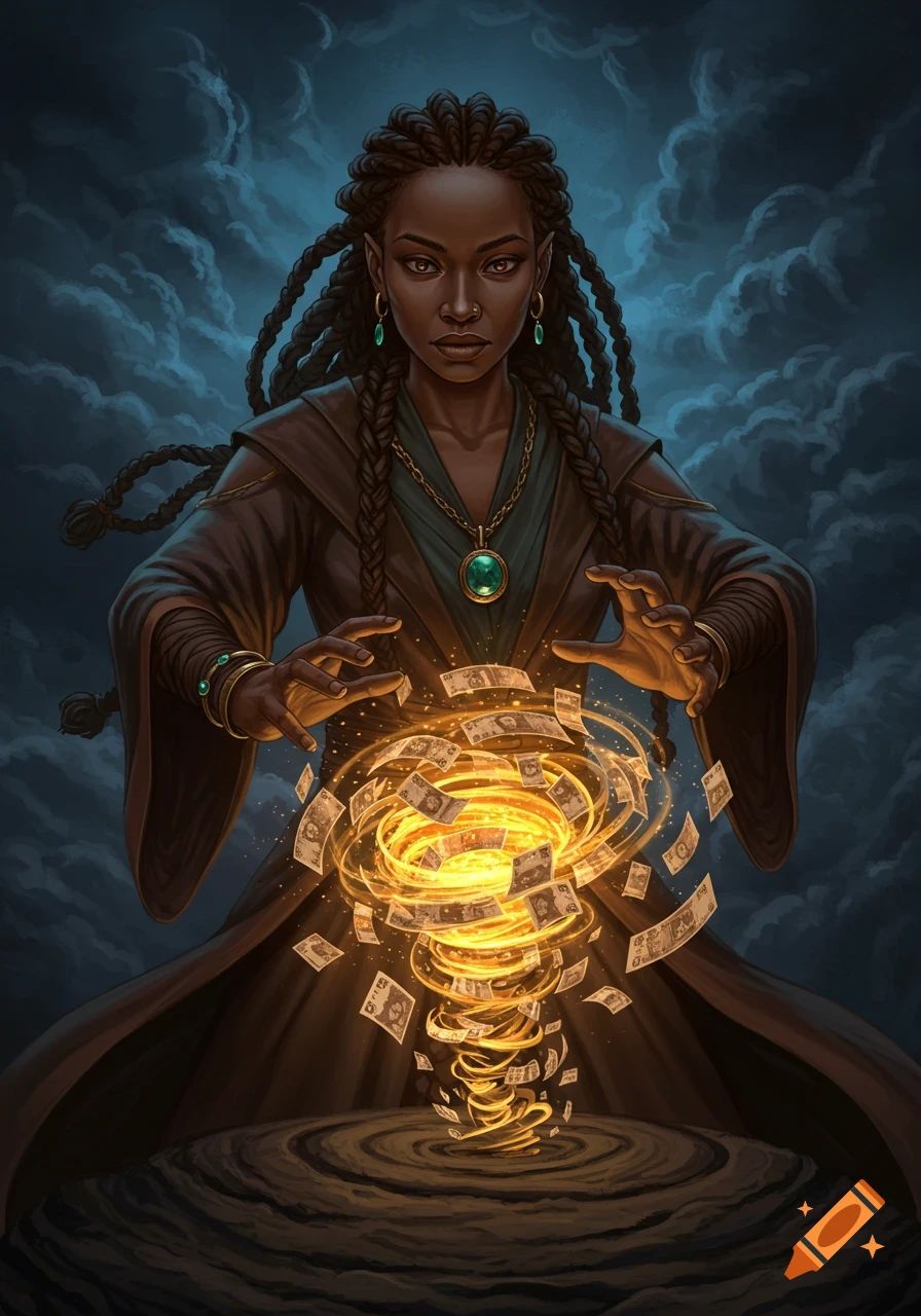 Black witch conjures a tornado of money notes in a fantasy digital painting.