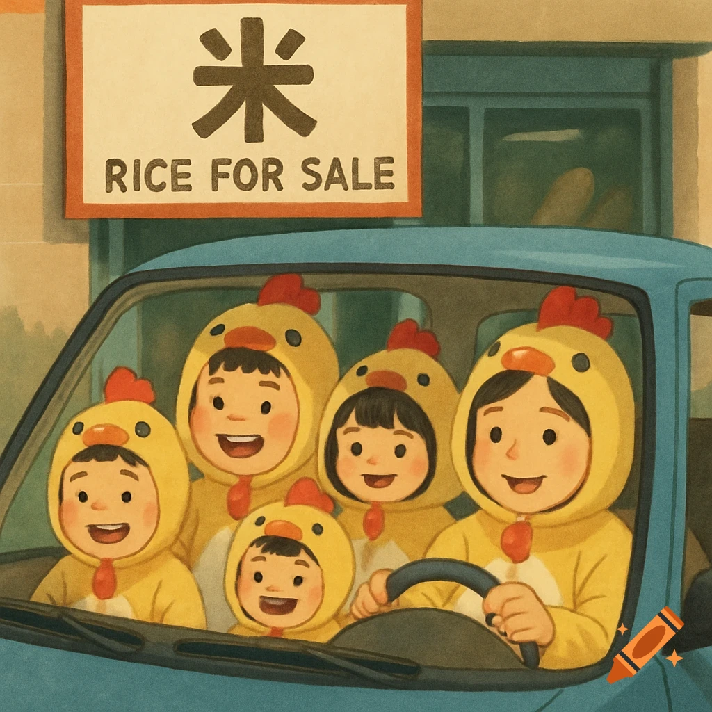 Illustration of people in chicken costumes in a car passing a 'Rice For Sale' sign.