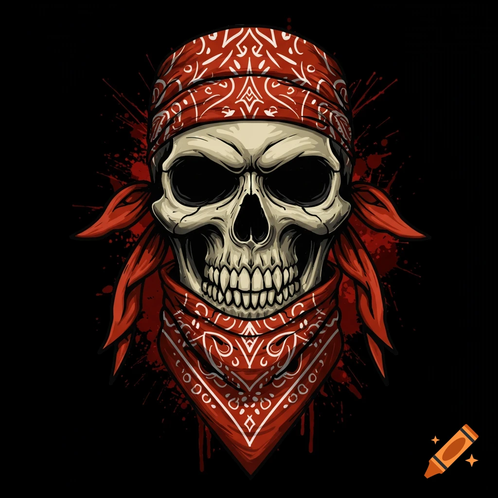 A stylized skull wearing a red bandana around its head and neck, in a vector art style with red splatters.