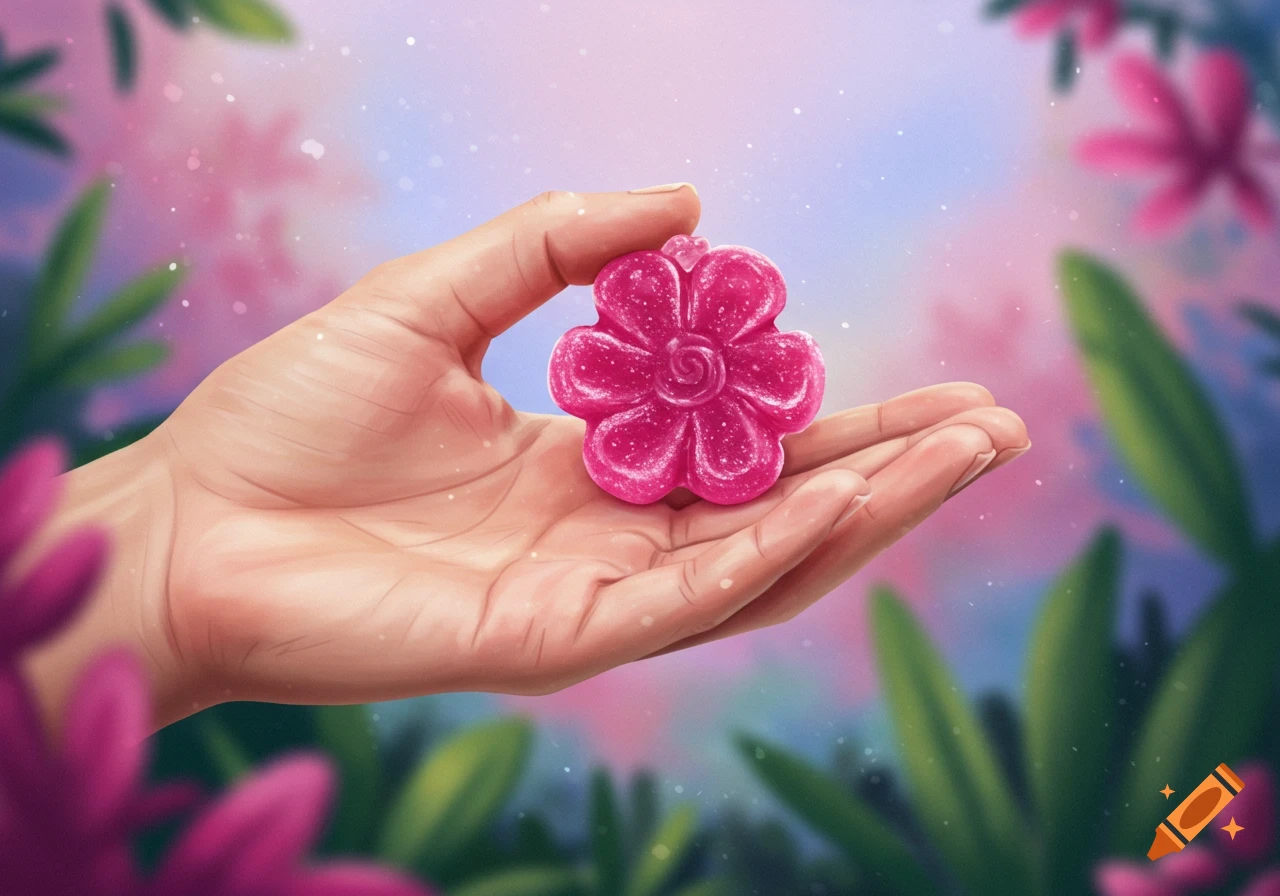 A hand holds a sparkly pink candy flower in a bright, lush garden illustration.