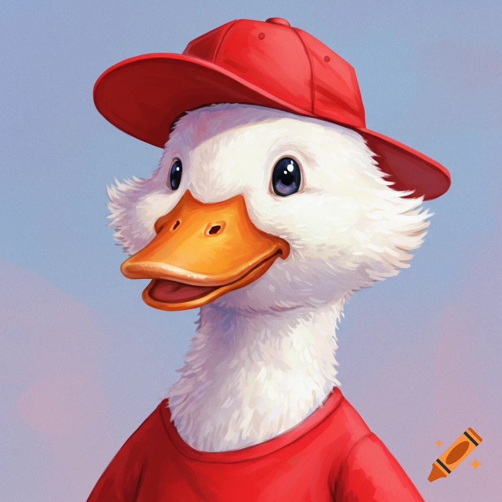 A cartoon-like illustration of a white duck wearing a red baseball cap and a red shirt.