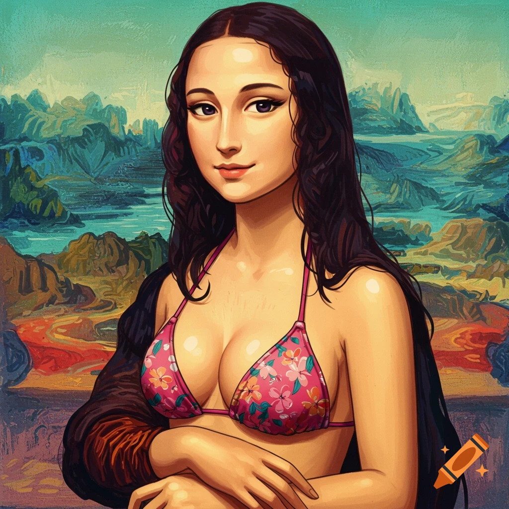 Anime style Mona Lisa wearing a pink floral bikini against a landscape.