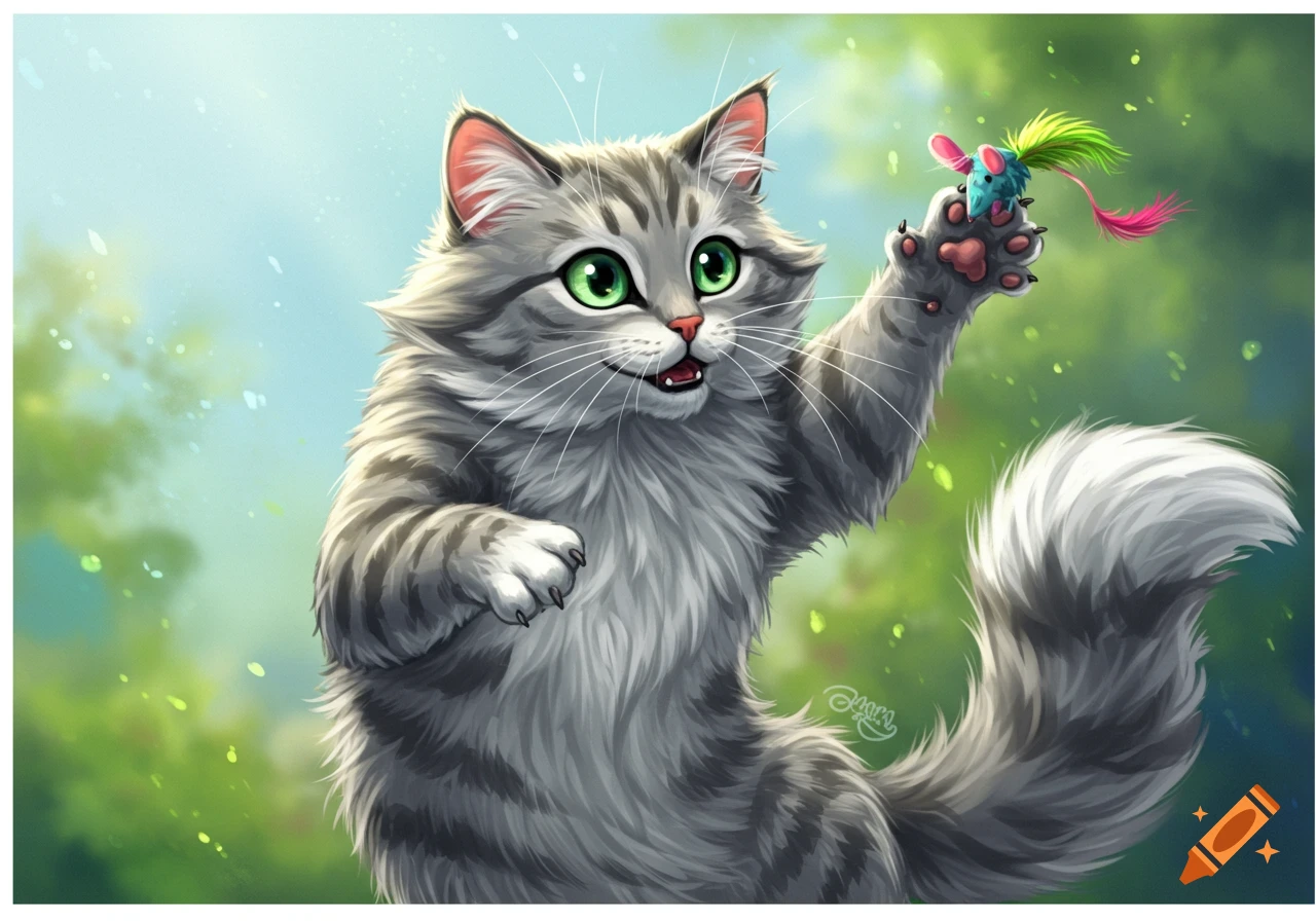 A fluffy grey tabby cat with green eyes plays with a toy mouse. on Craiyon