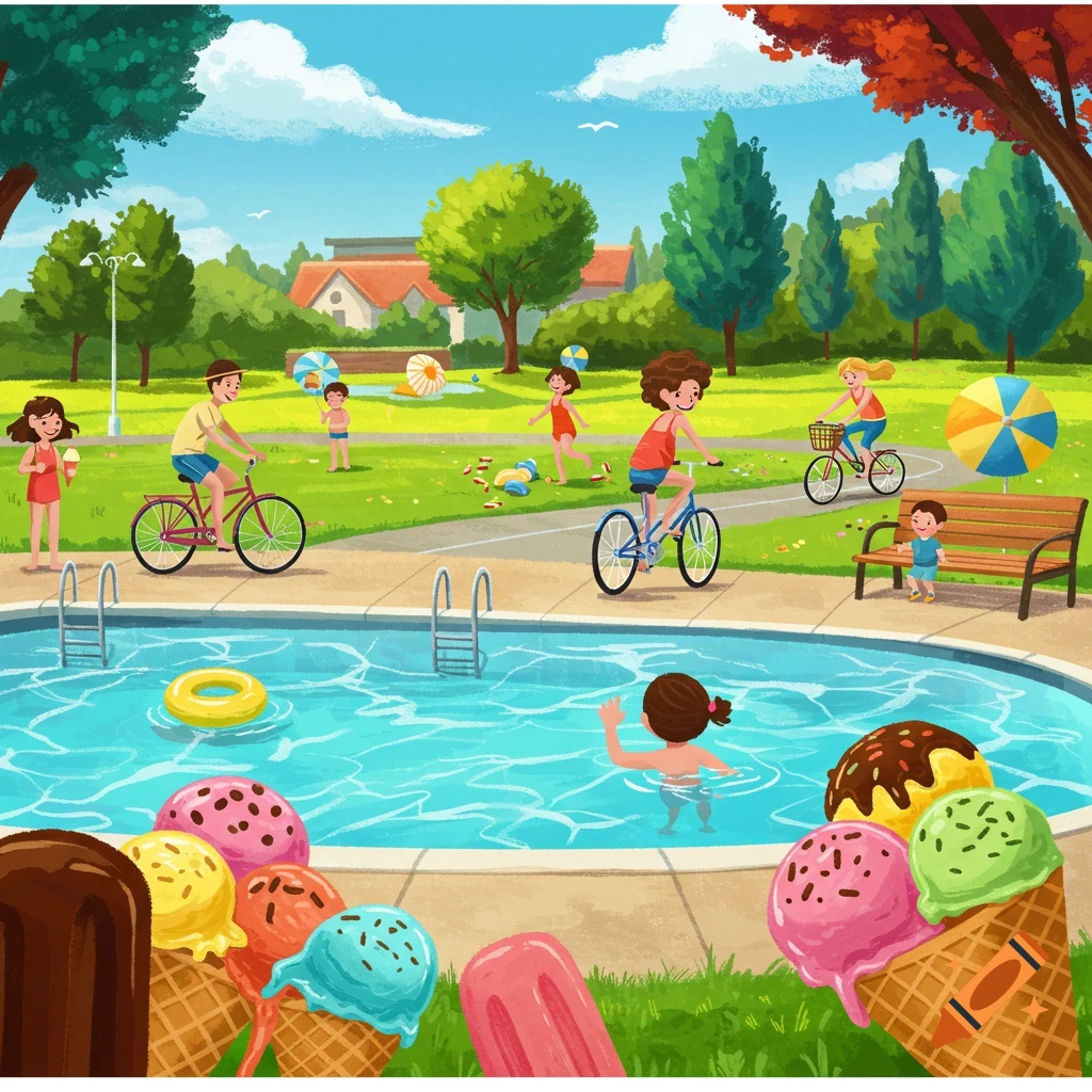 Illustration of a summer park scene with people biking, swimming in a pool, and large ice cream cones in the foreground.
