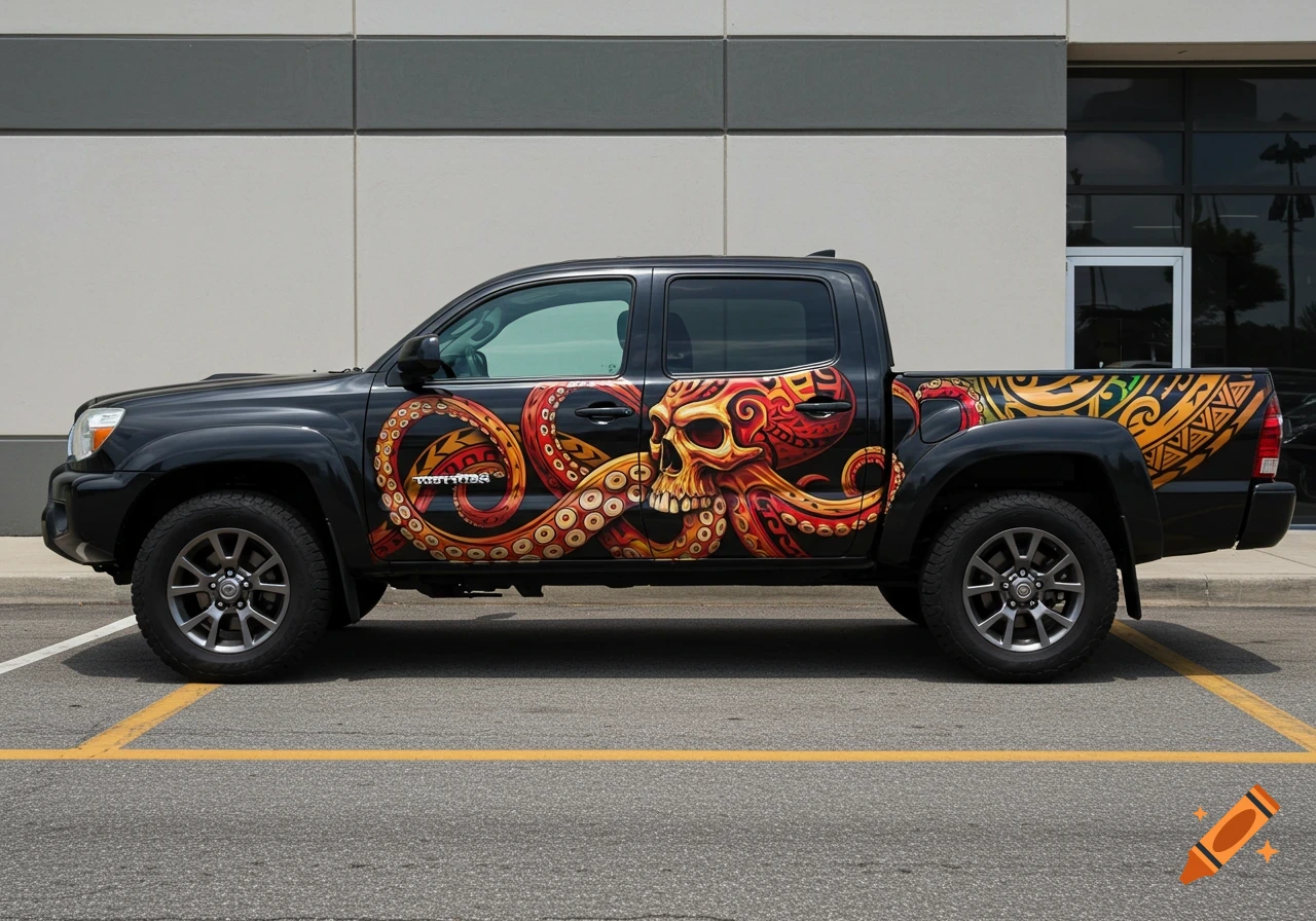 Black pickup truck with orange and red tribal octopus and skull wrap