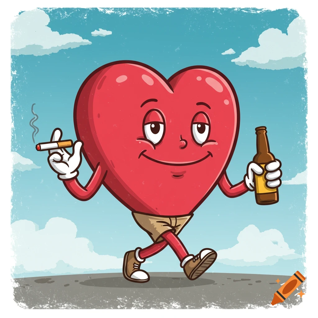 Cartoon heart character walking, smoking, and holding a beer bottle against a sky background.