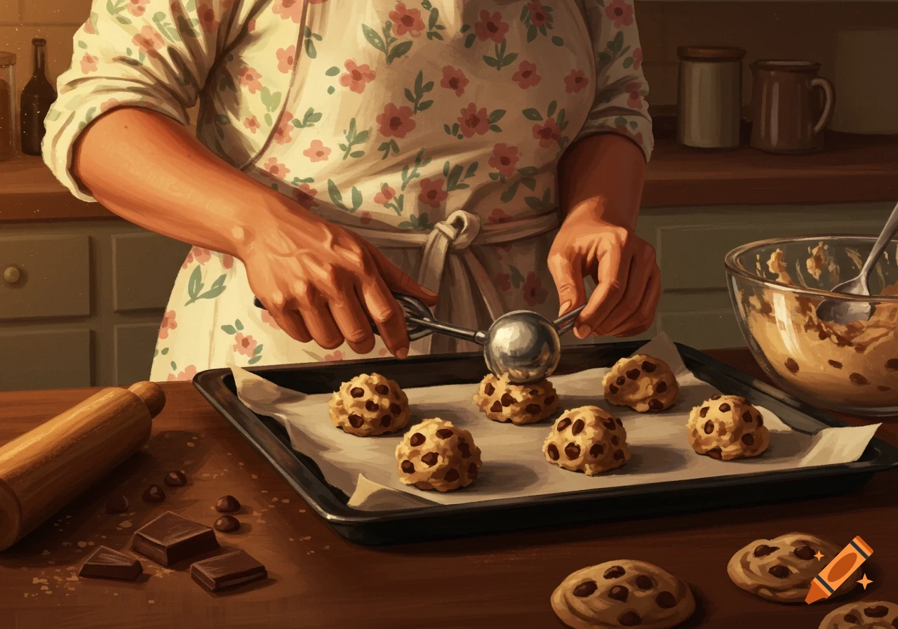 Hands scooping chocolate chip cookie dough onto a baking sheet in a kitchen.
