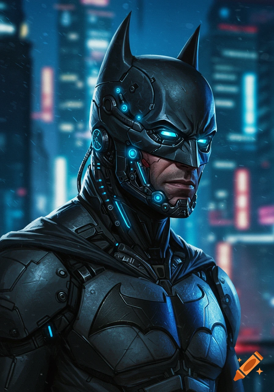 Detailed digital art of a cyborg Batman with glowing blue lights standing in the rain with a blurred city background.