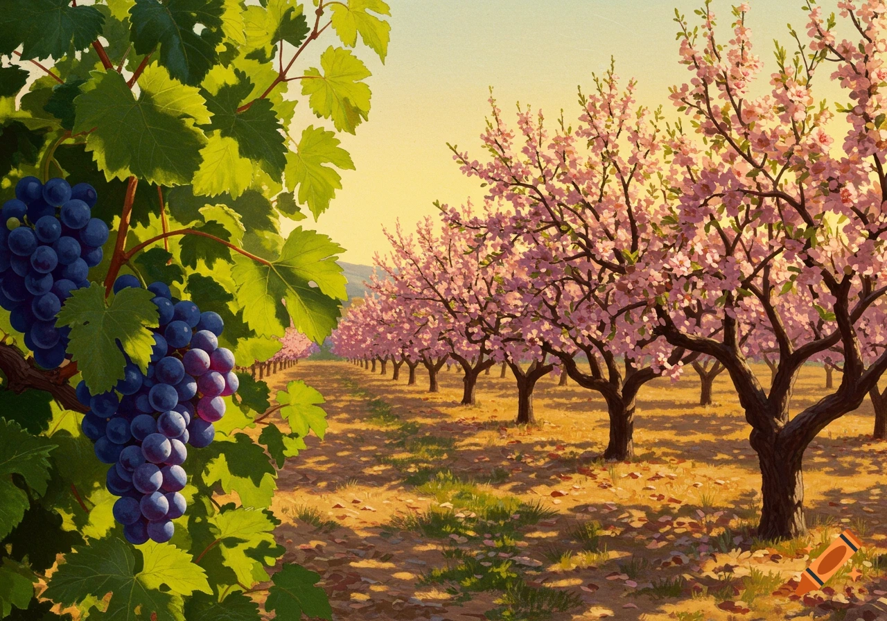 Close-up of purple grapes on a vine next to rows of pink flowering trees in a sunny orchard landscape.