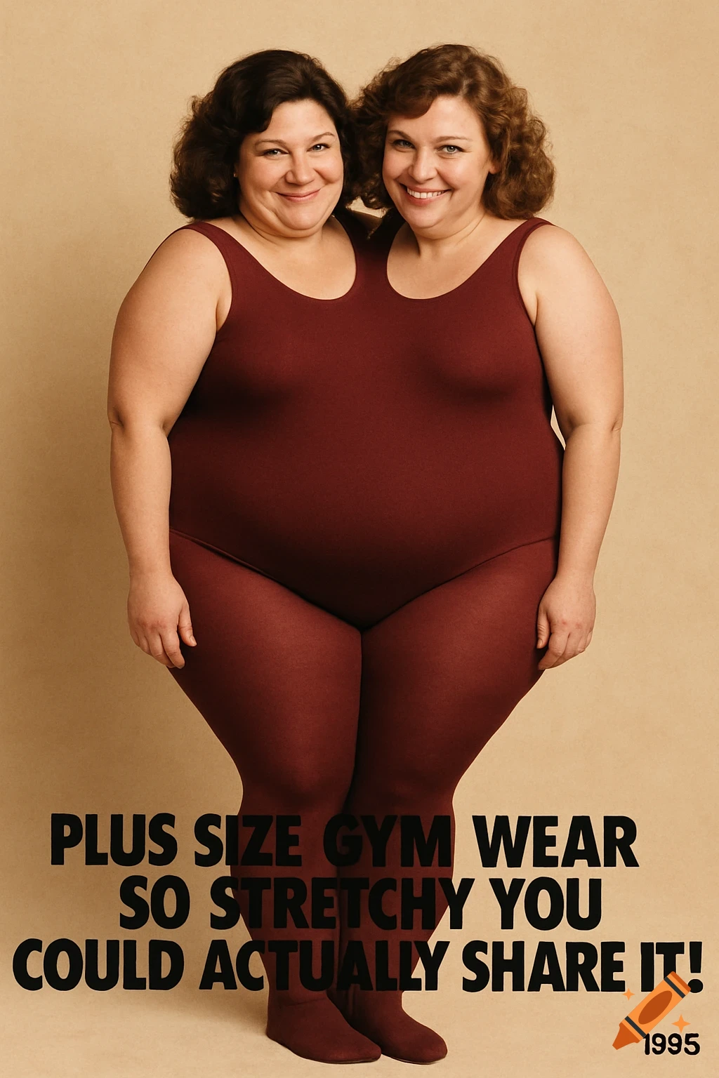 Retro ad of two women appearing to share a plus-size maroon leotard and tights with text overlay.