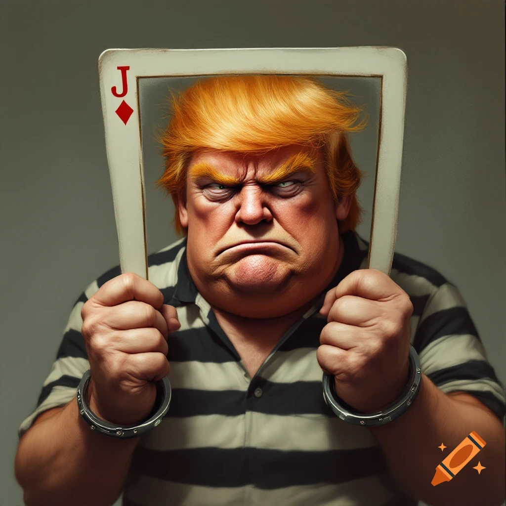 Caricature of Trump in prison shirt and handcuffs holding a Jack of Diamonds playing card, frowning.