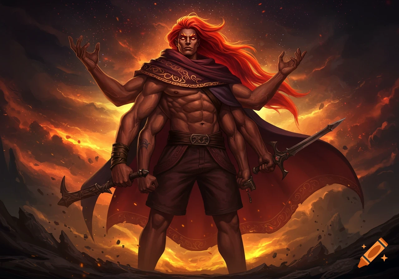 A multi-armed man with fiery red hair stands against a dramatic orange sky, holding swords.