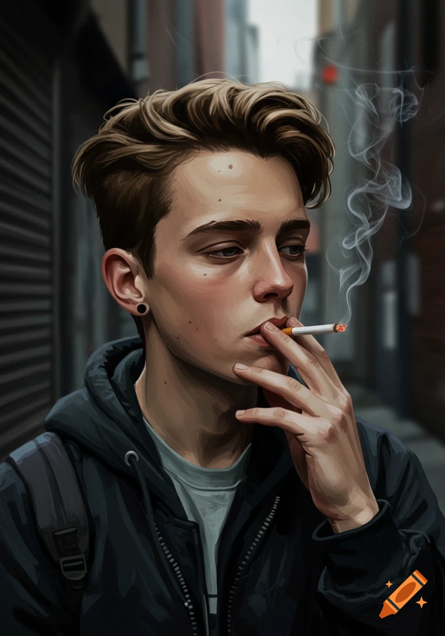 Digital illustration portrait of a young man smoking a cigarette.