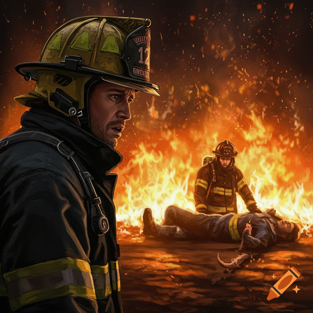 Digital painting of firefighters during a rescue in a fire, showing concern.