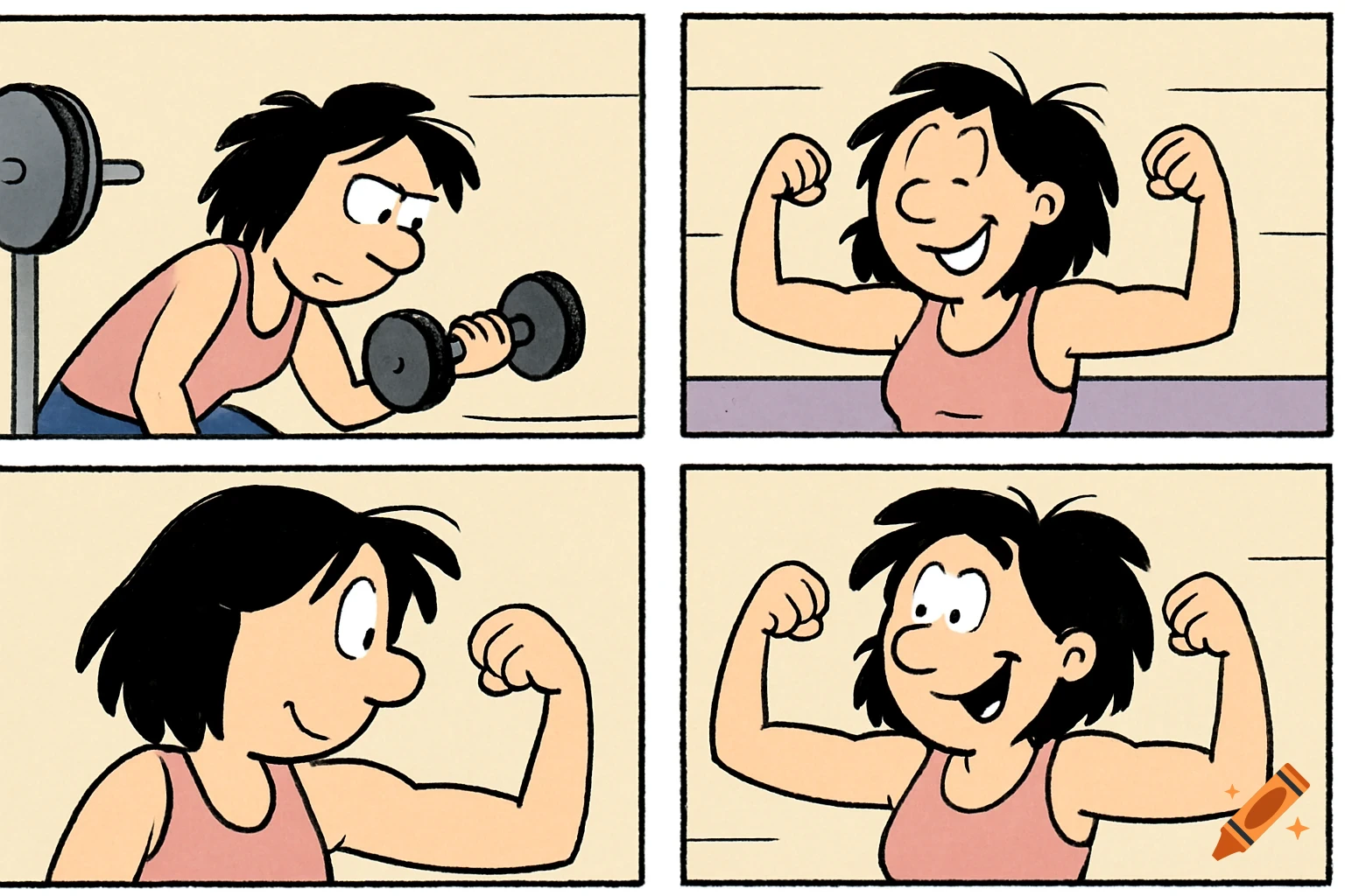 Comic strip panels of a woman lifting weights and flexing her biceps.