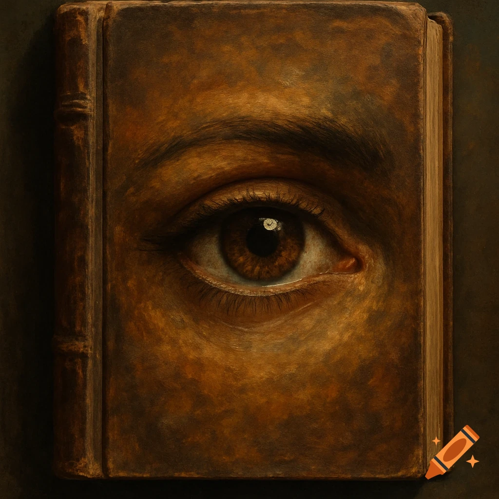 A detailed close-up of an eye rendered onto the brown leather cover of a book.