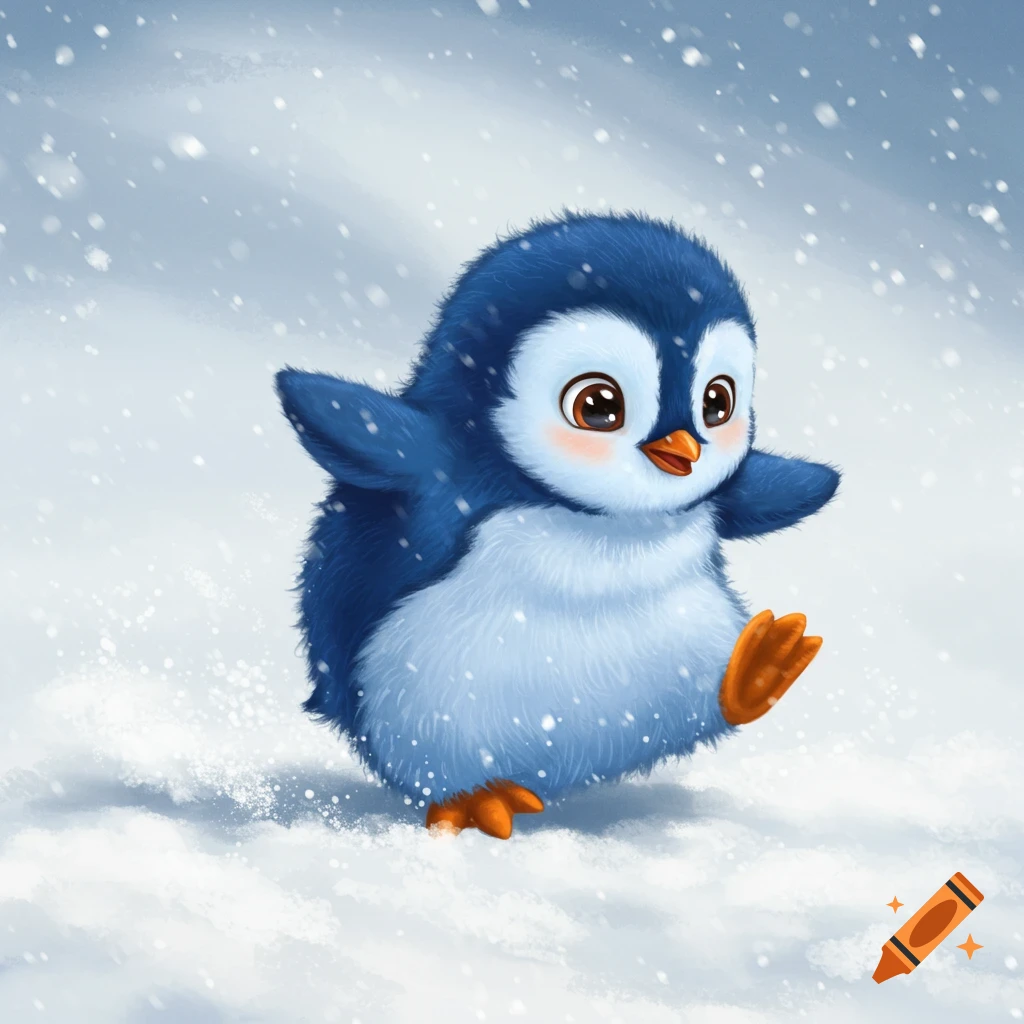 A cute cartoon baby penguin waddling in the snow.