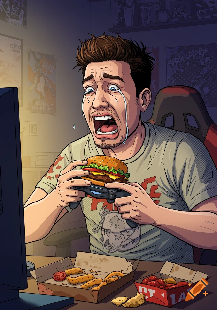 Cartoon illustration of a man crying while playing a video game and eating a burger.