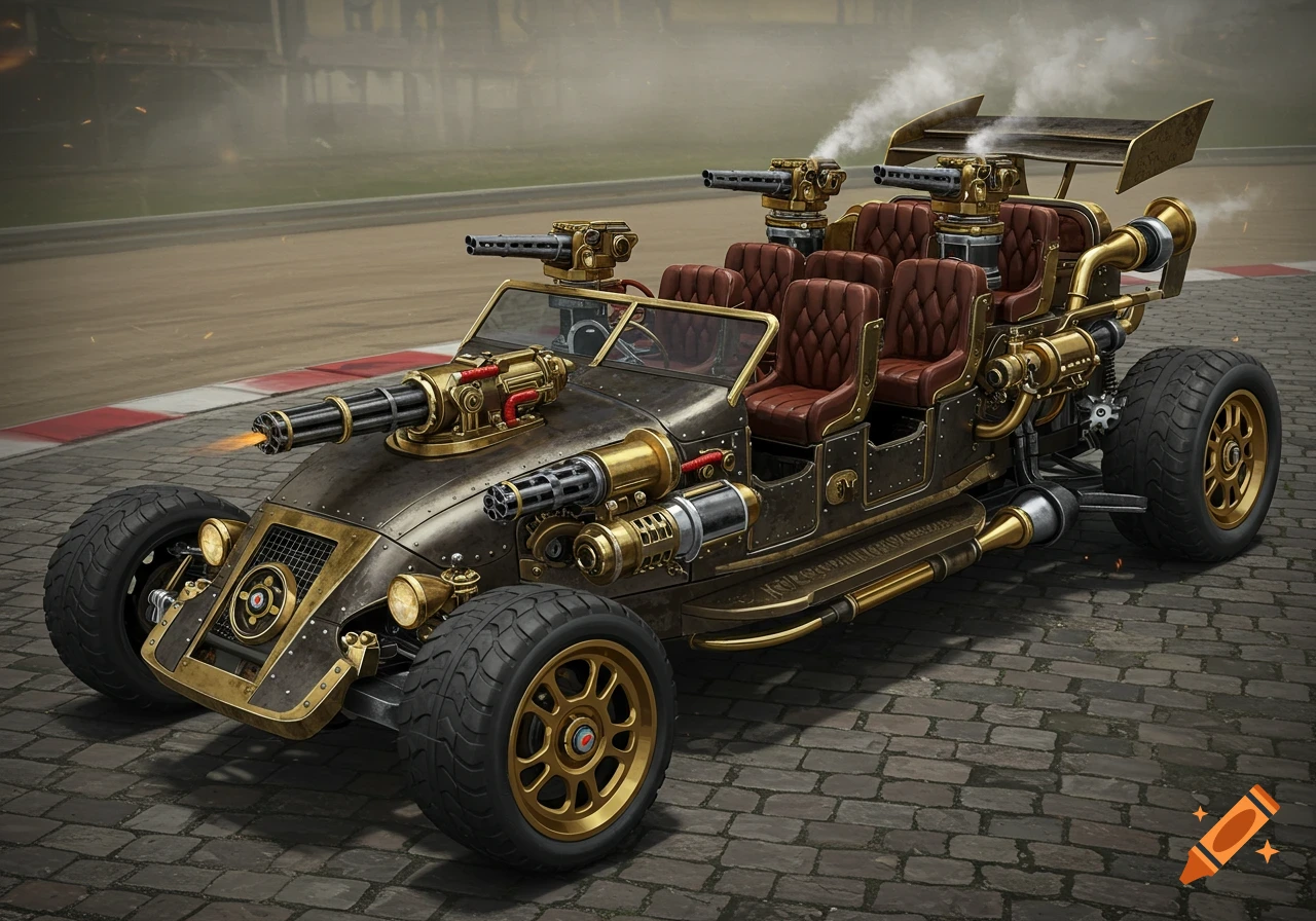 A steampunk race car with mounted gatling guns and multiple seats on a cobblestone racetrack.