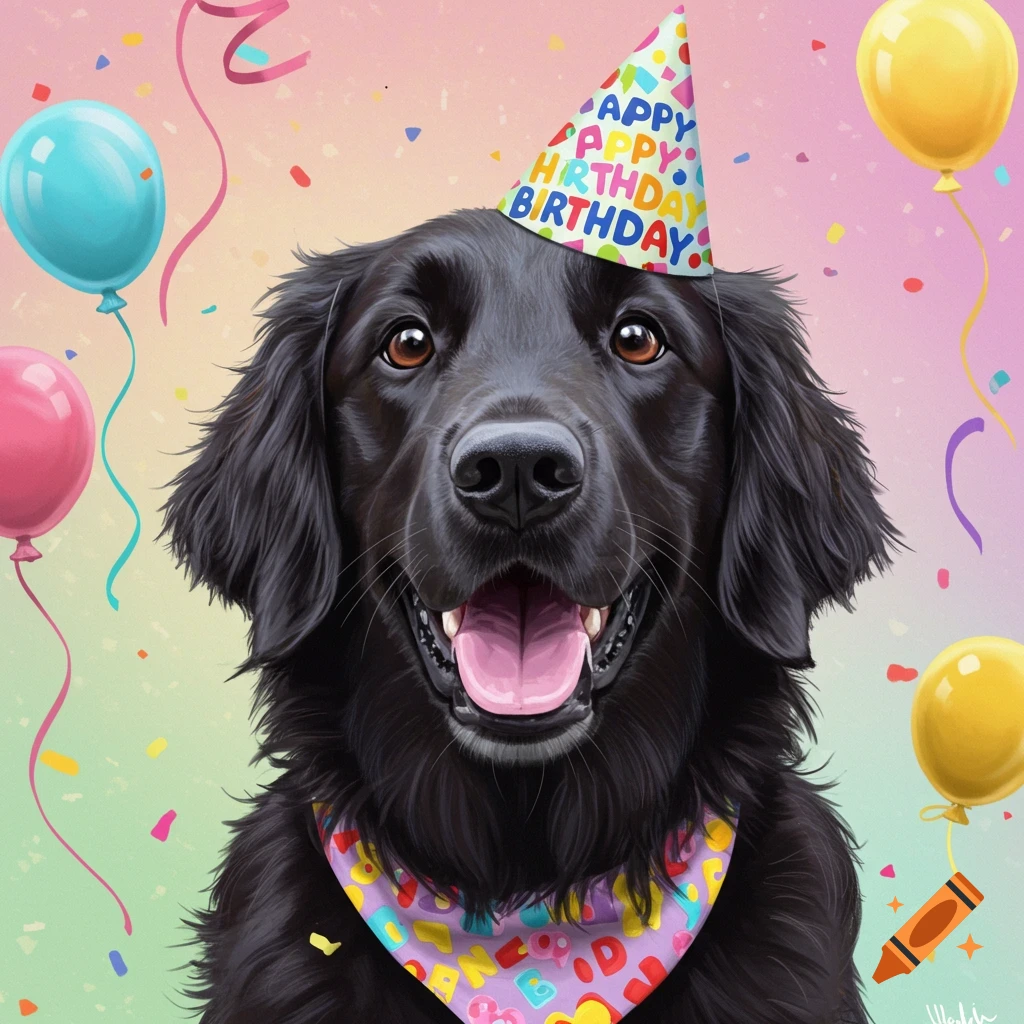 A black flat-coated retriever wears a colorful birthday hat and bandana with balloons and confetti in the background.