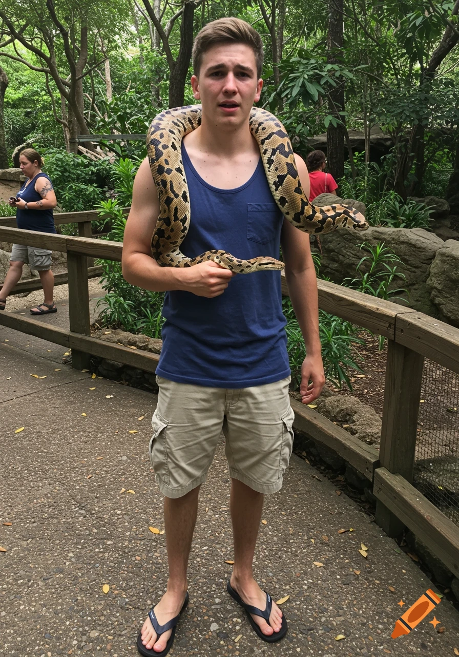 Young man with a large snake draped around his shoulders at a zoo.