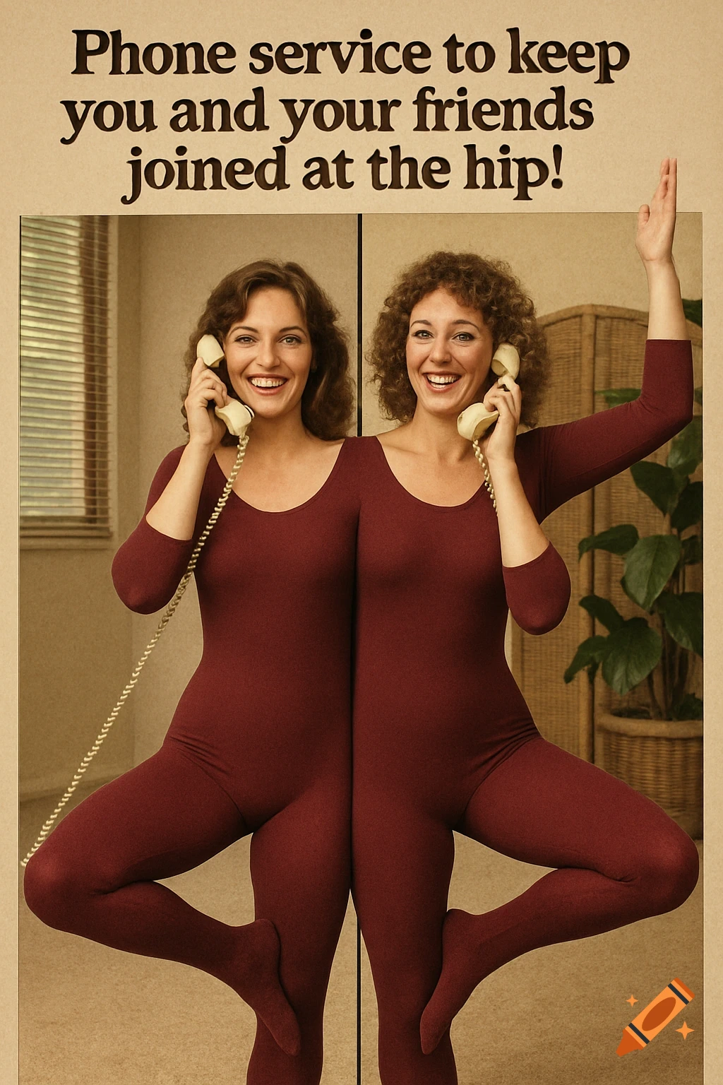 Vintage style phone ad showing two women merged, holding phones, text reads 'Phone service to keep you and your friends joined at the hip!'