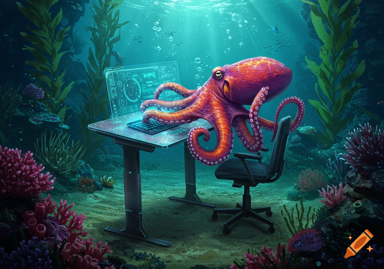 A purple octopus uses a glowing laptop at a standing desk underwater with coral and kelp