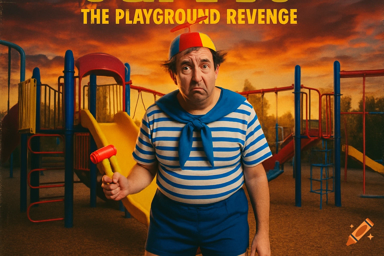 Parody movie poster of a man in a sailor suit and propeller hat on a playground