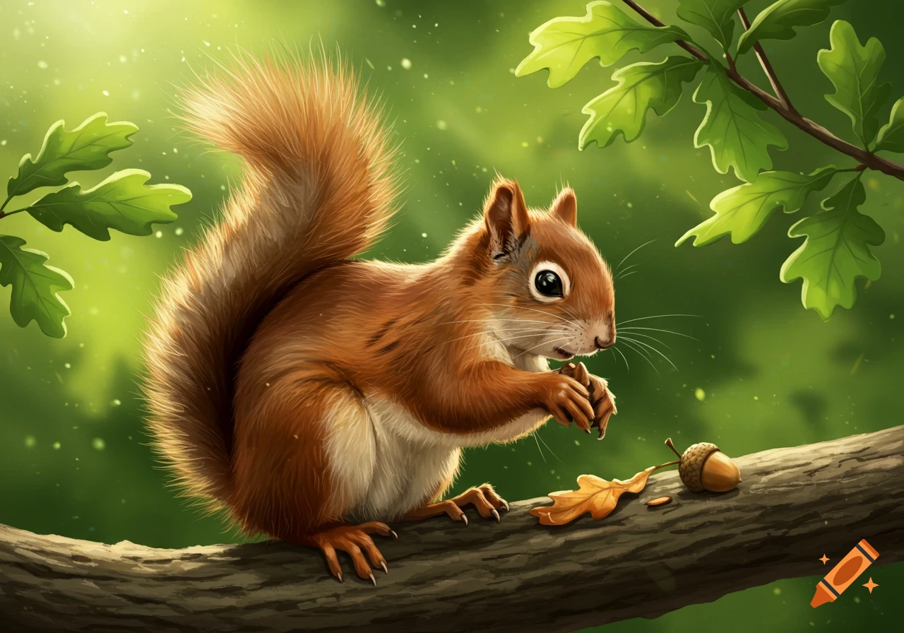 A red squirrel sits on a branch holding an acorn in a forest.