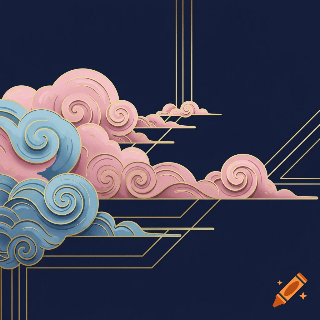 Stylized pink and blue clouds with gold trim on a dark background in an Art Deco style.