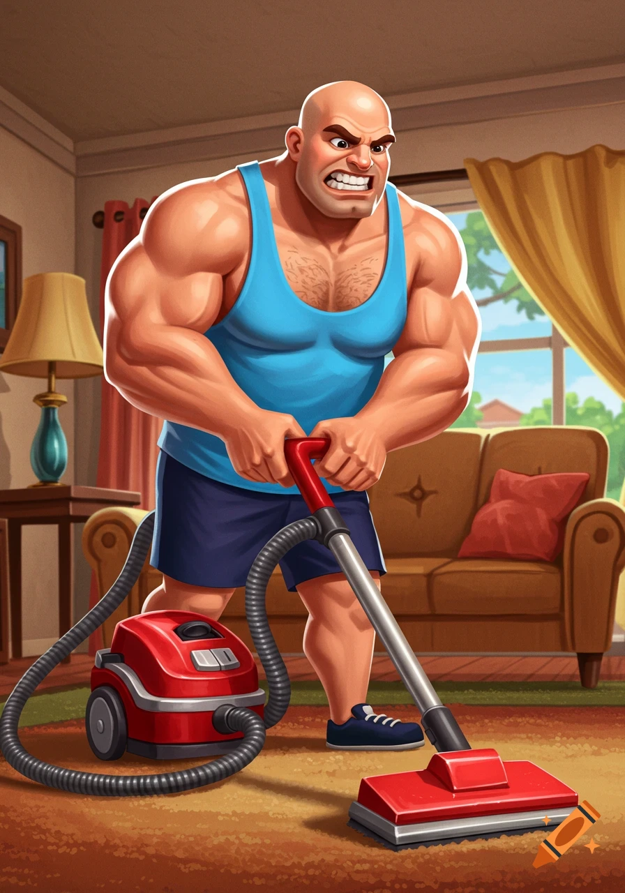 Muscular bald man vacuuming a rug in a stylized illustration.