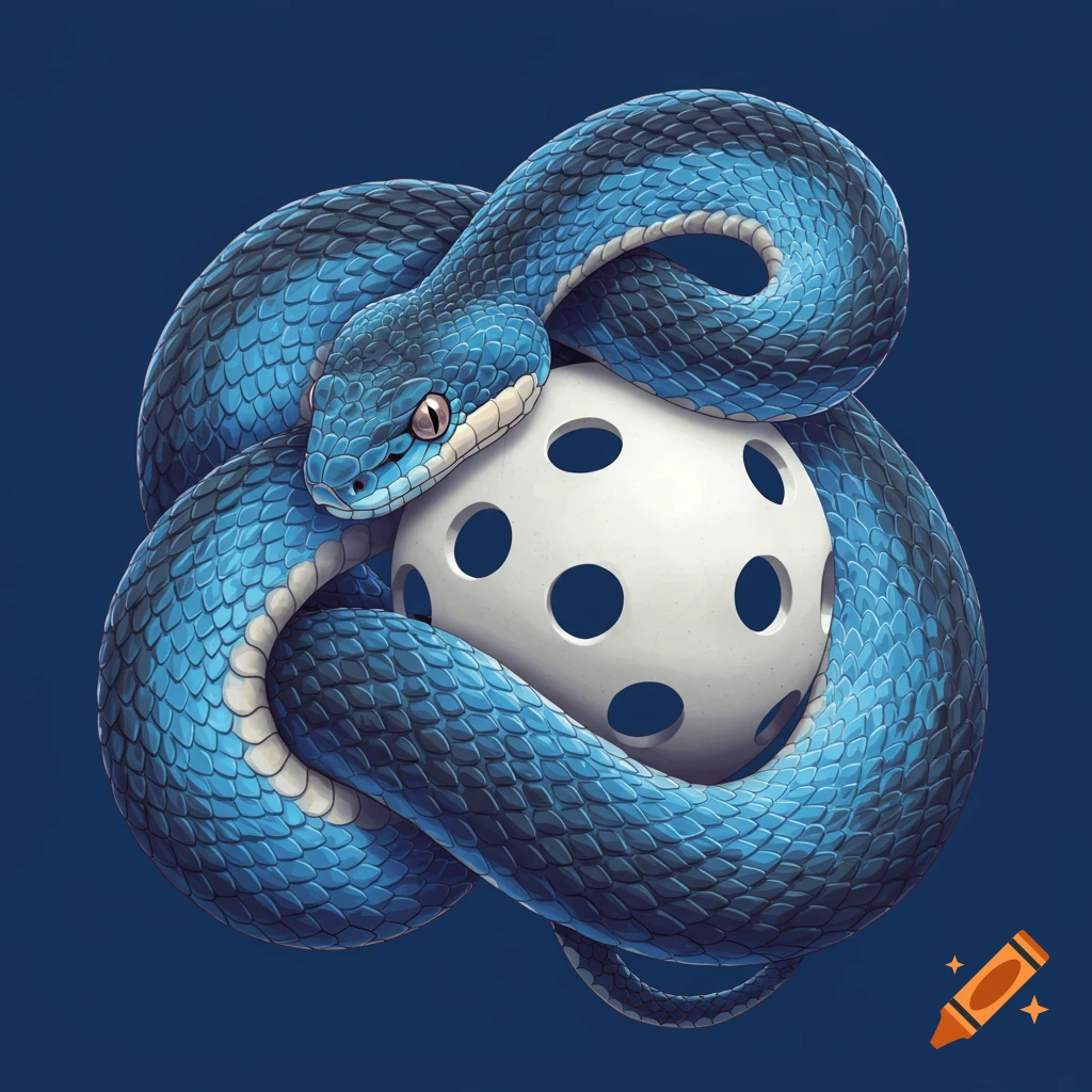 Detailed illustration of a blue and black snake wrapped around a white ball with holes.