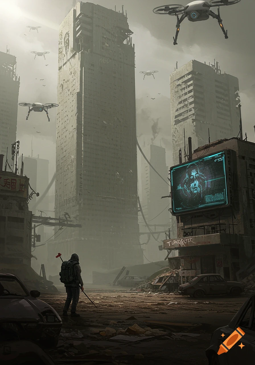A person walks through a destroyed city street with ruined buildings, flying drones, and a large screen displaying a face.
