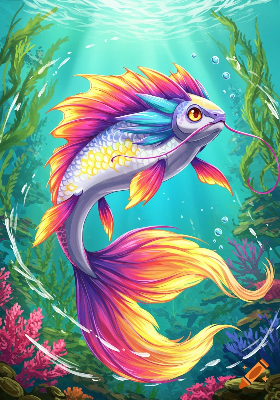 A colorful, stylized fish with long fins swims among coral and plants underwater.