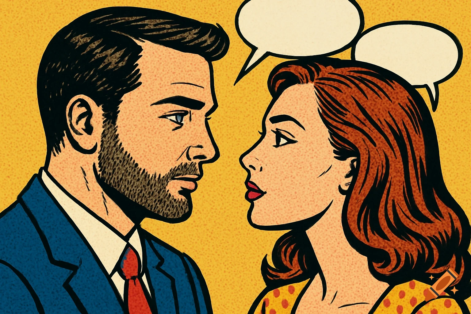 A man and woman face each other with empty speech bubbles in pop art comic style.